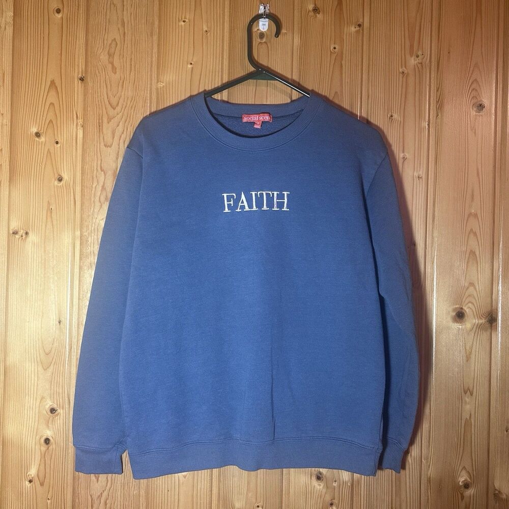 Social Scene Faith Over Fear Blue Graphic Crewneck Sweatshirt Small